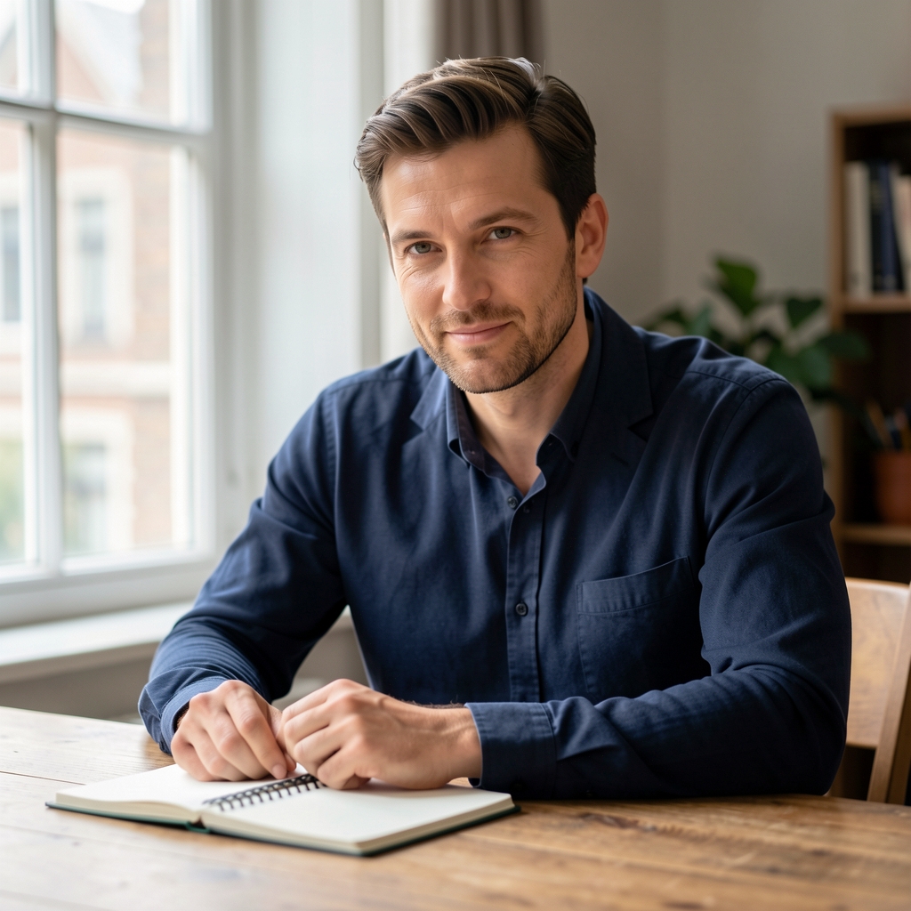 Editorial portrait of a man at a wooden desk in a Brussels apartment, natural window light, notebook open, relaxed and focused expression