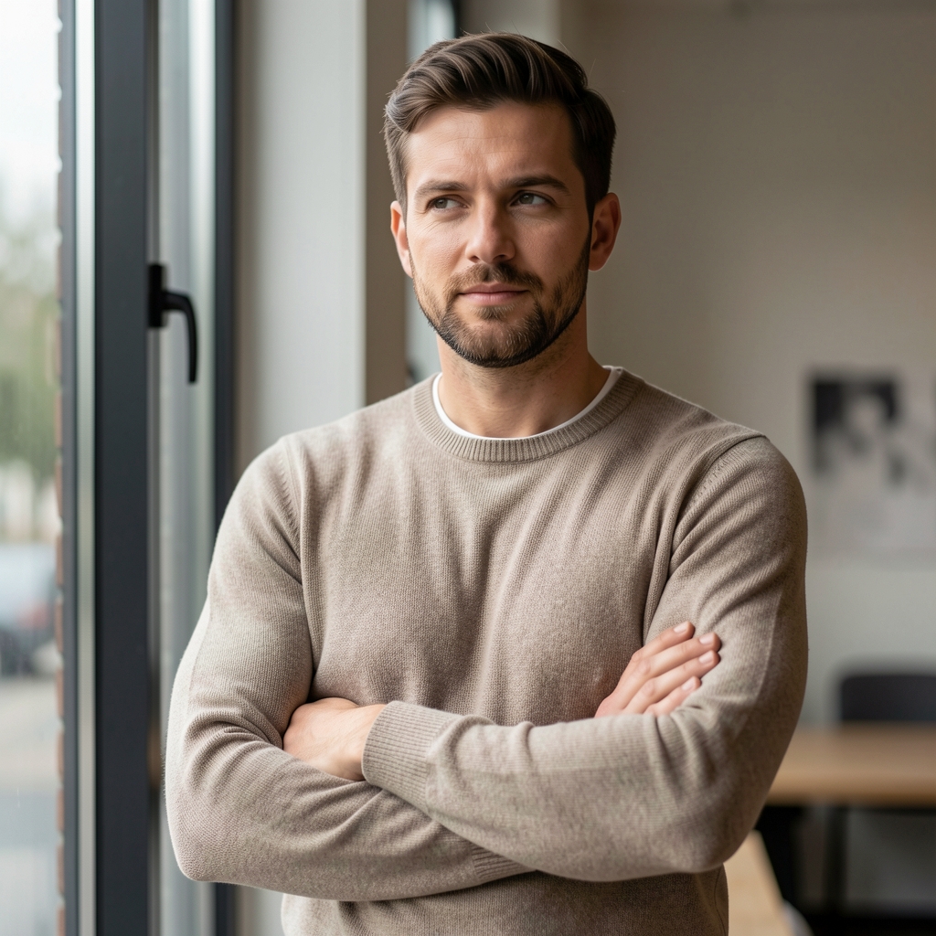 Editorial portrait of a man standing near a tall window in a Brussels studio, wearing neutral-toned clothing, arms crossed, looking away from camera