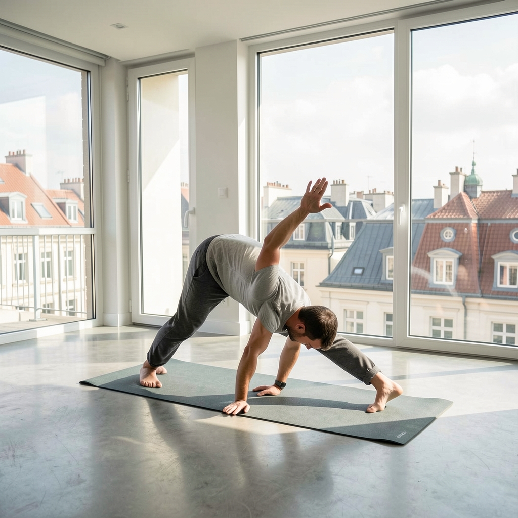 Man performing morning stretches in a bright modern apartment with polished concrete floors and large windows overlooking Brussels rooftops