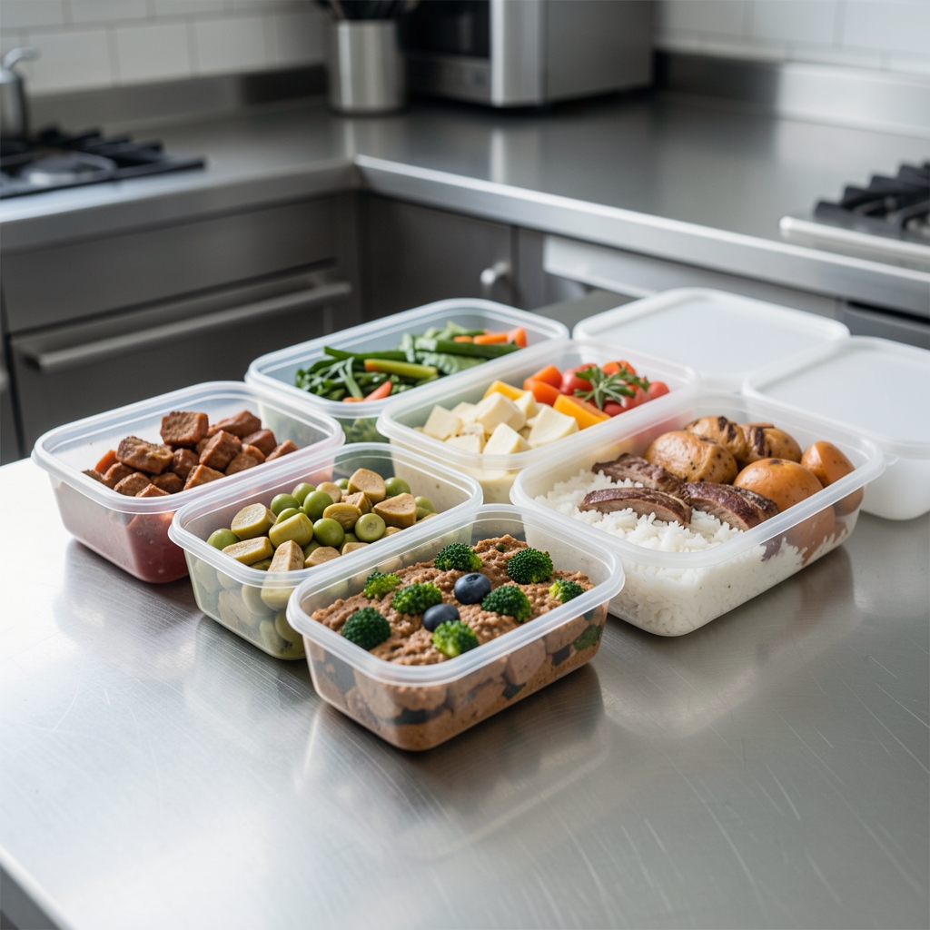Meal prep containers with protein-rich food arranged neatly on a stainless steel kitchen counter with clean controlled lighting