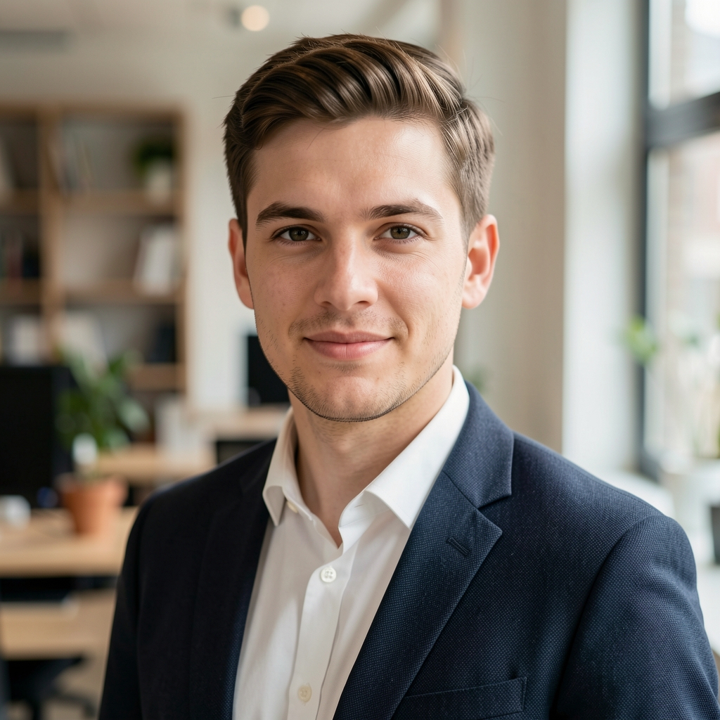 Editorial portrait of Tobias Whitfield, contributing editor at Talen Notebook, photographed in soft natural light at a Brussels workspace
