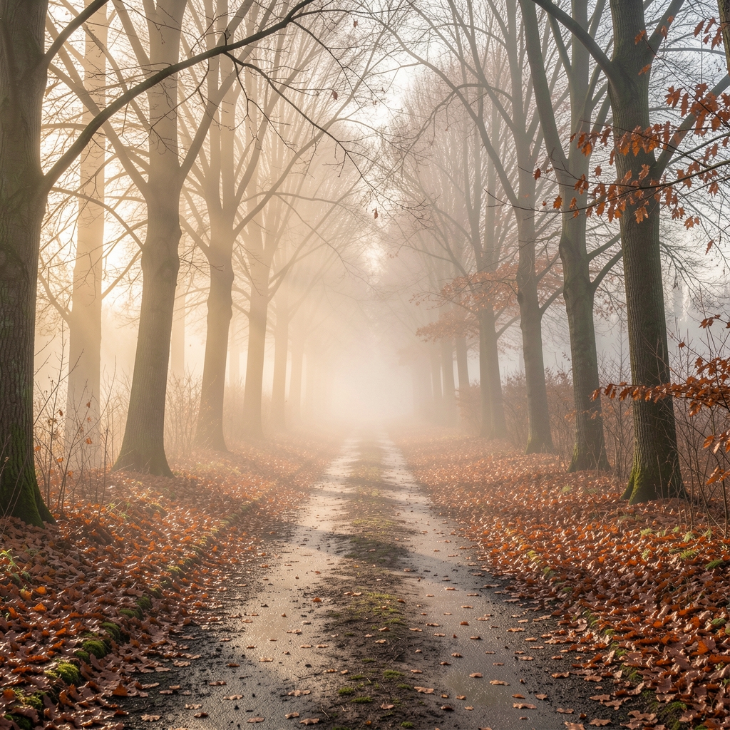 Trail path through the Sonian Forest near Brussels during early morning in autumn with misty light filtering through bare trees and wet ground